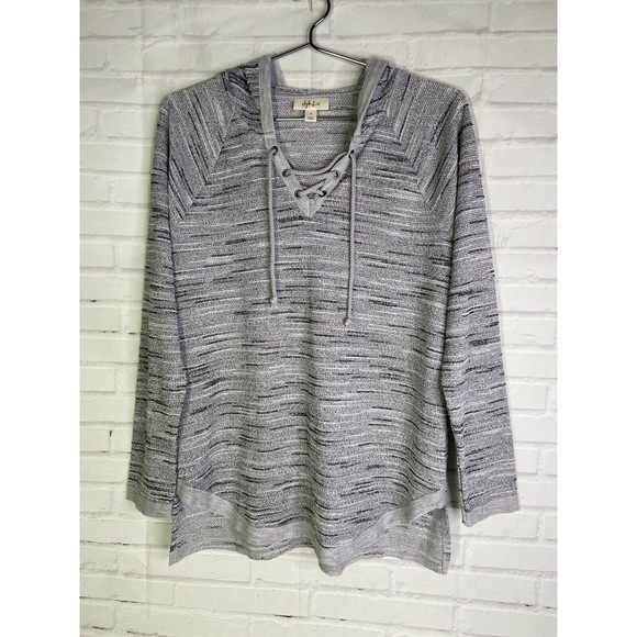 Style and Co Knit Gray Lace Up Long Sleeve Hooded Top Blouse Womens Size S - Picture 1 of 8